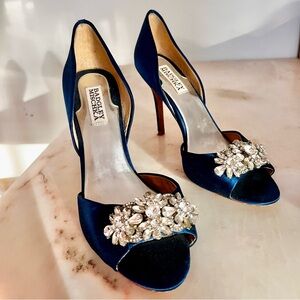 Badgley Mischka Blue Satin Jeweled Heels Pumps